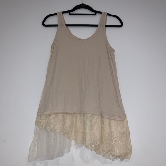 Wild Pearl Tops - Wild Pearl Tan Tank Top with Lace Hem